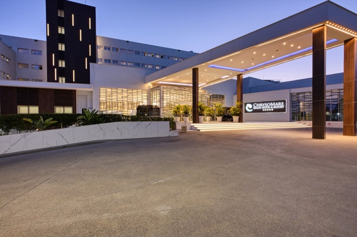 Silver Sands Beach Hotel entrance at dusk